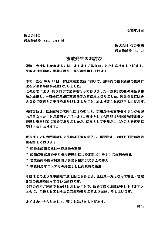 A4縦 水漏れ・電気・空調に対応した事故発生のお詫び状