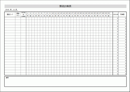 Excelで作成した無料の製造計画表